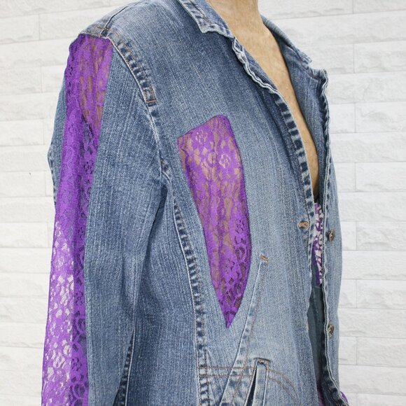 HAND CRAFTED Jacket Denim Upcycled Blue Jean Purple Lace Embellished XL - Picture 5 of 14